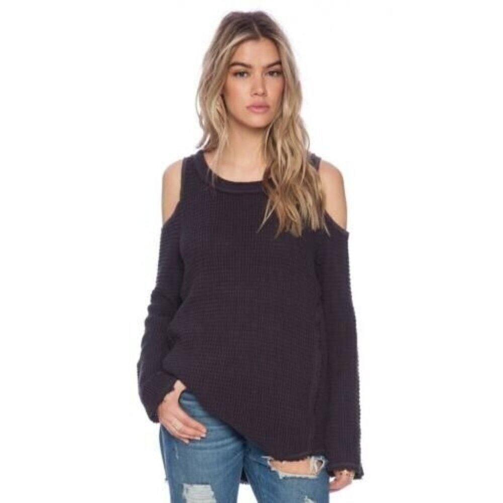 FREE PEOPLE Women's Small Sunrise Sunset‎ Black Cold Shoulder Knit Sweater Boho